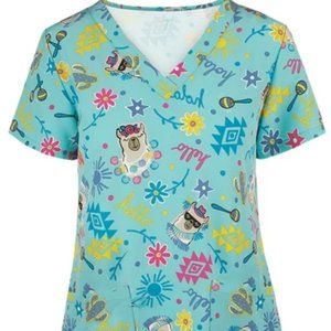 V-neck Nursing Medical Scrub Top w/ Pockets HELLO LLAMA Theme Sz XL